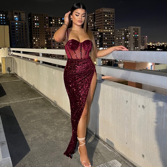 glitter burgundy dress Simple Off Shoulder Sequin Burgundy Long Prom Dress, Burgundy Long Evening Dress US 10 / Custom Color main image 1